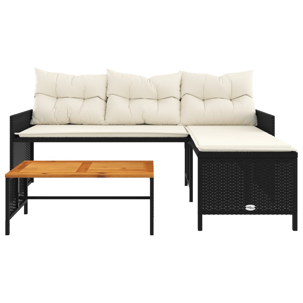 Divano da Giardino con Tavolo e Cuscini a L Nero in Polyrattan | homemem39