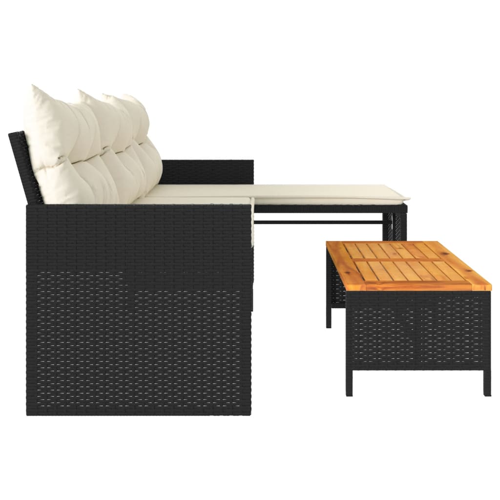 Divano da Giardino con Tavolo e Cuscini a L Nero in Polyrattan | homemem39