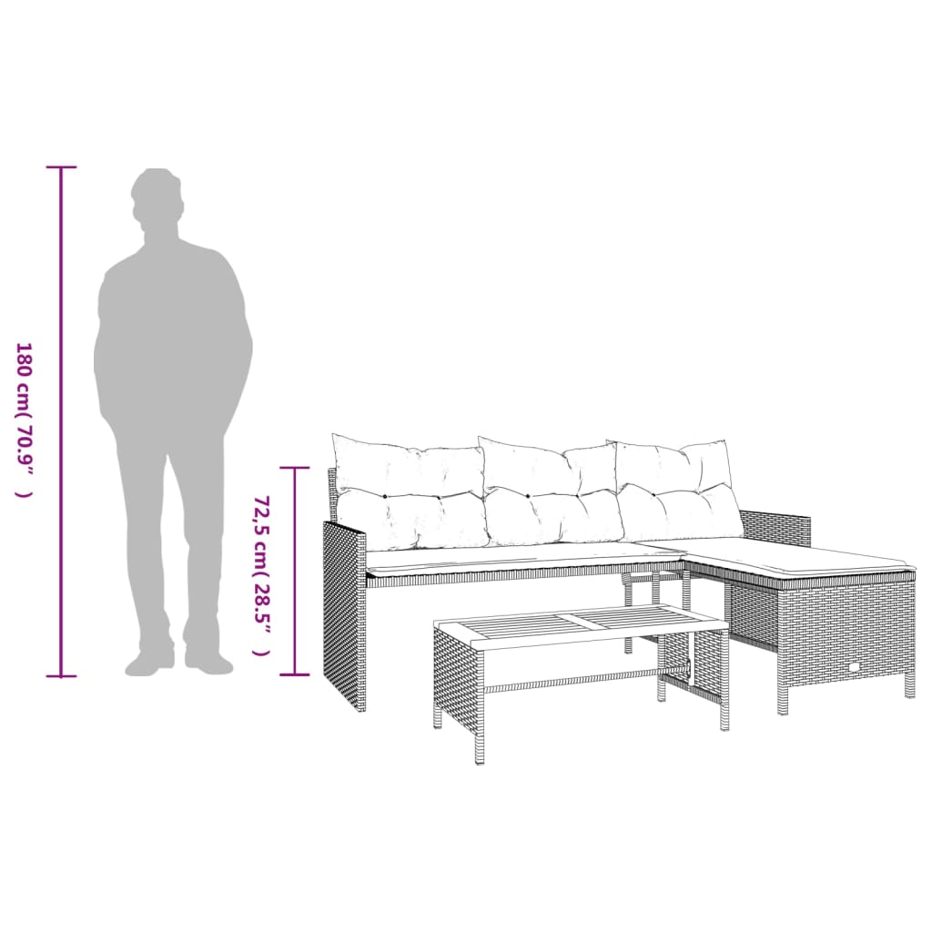 Divano da Giardino con Tavolo e Cuscini a L Grigio Polyrattan | homemem39