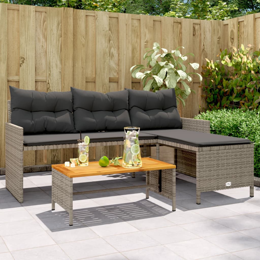 Divano da Giardino con Tavolo e Cuscini a L Grigio Polyrattan | homemem39