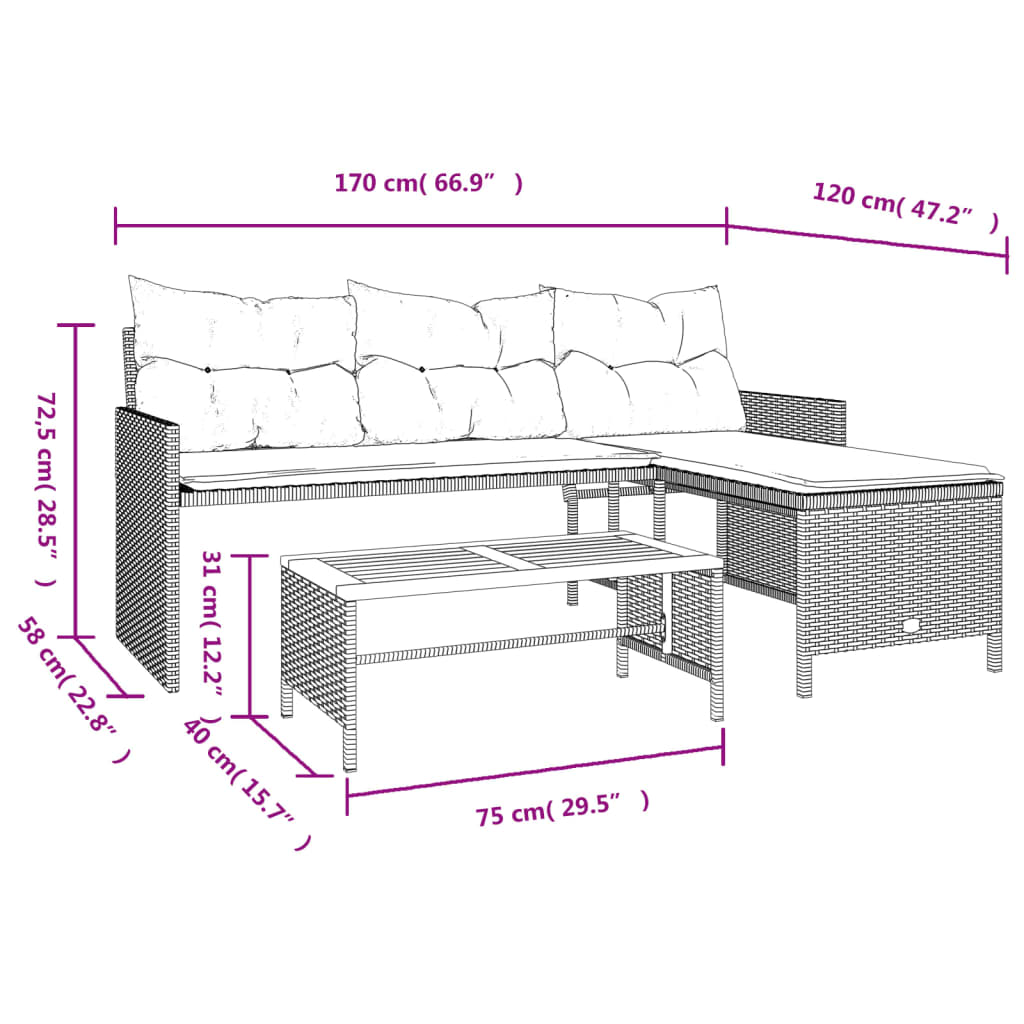 Divano da Giardino con Tavolo e Cuscini a L Beige in Polyrattan | homemem39