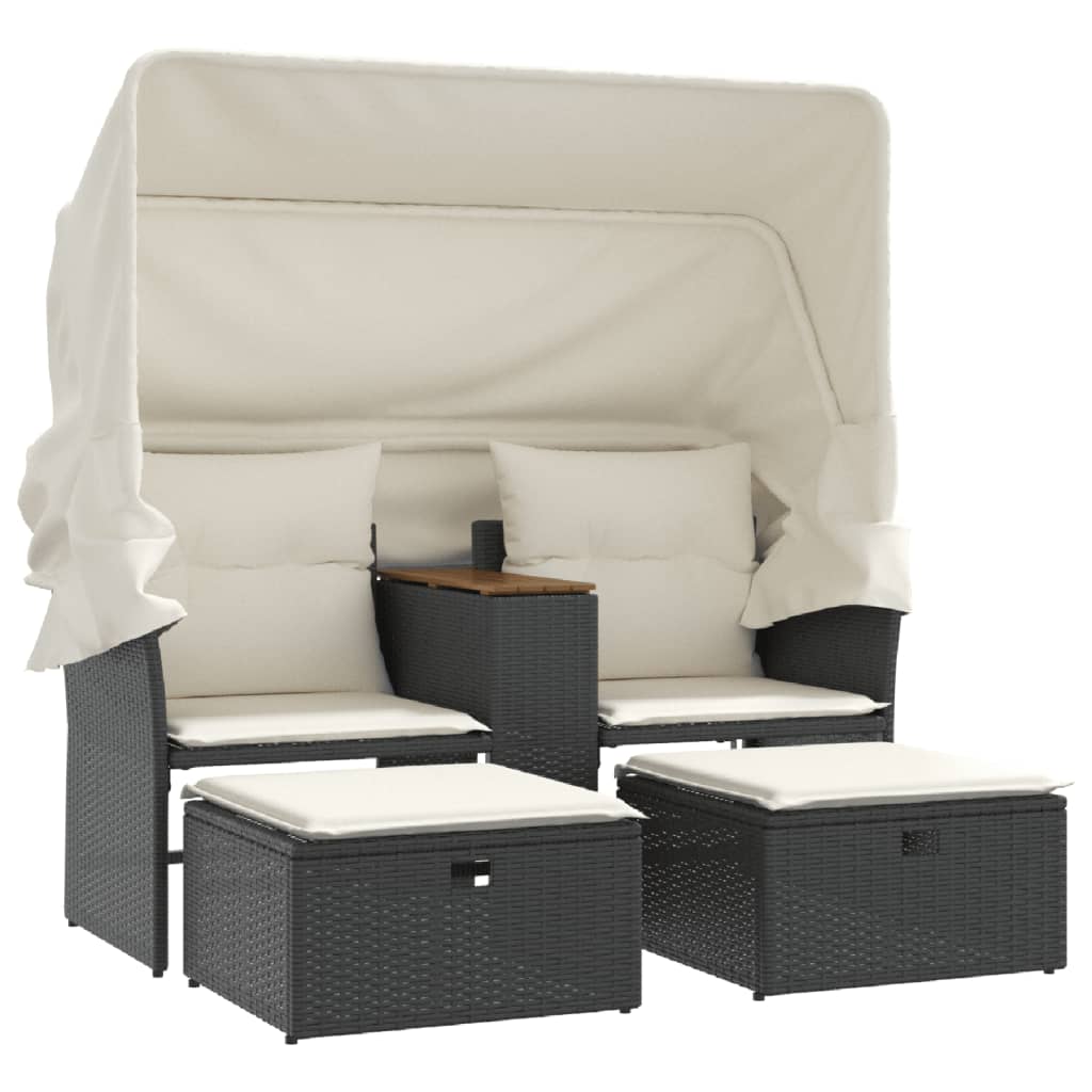 Divano Giardino 2 Posti Baldacchino e Sgabelli Nero Polyrattan | homemem39