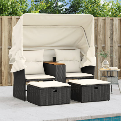 Divano Giardino 2 Posti Baldacchino e Sgabelli Nero Polyrattan | homemem39