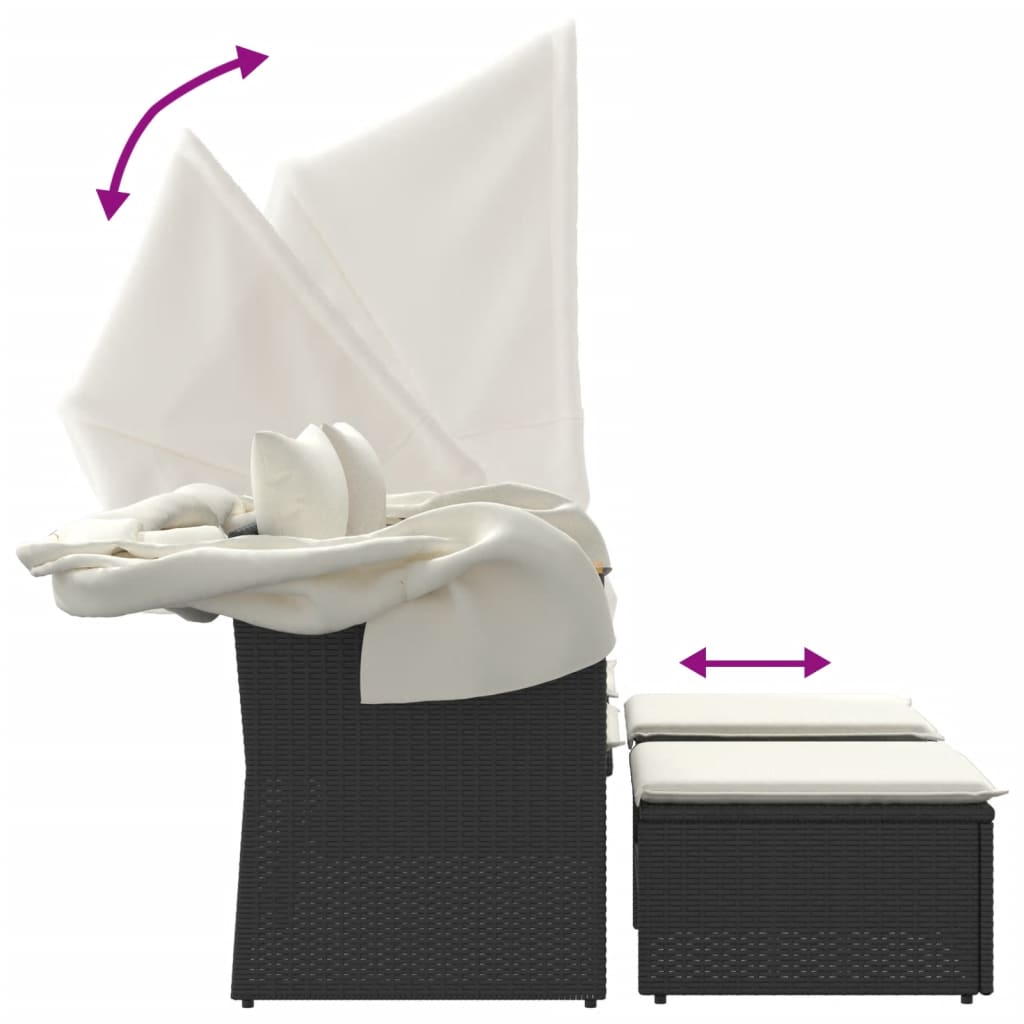 Divano Giardino 2 Posti Baldacchino e Sgabelli Nero Polyrattan | homemem39