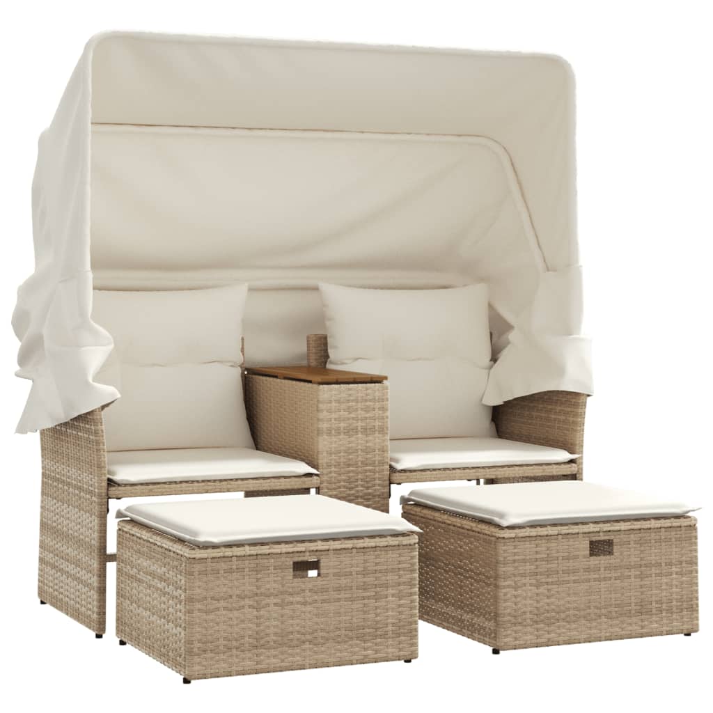 Divano Giardino 2 Posti Baldacchino e Sgabelli Beige Polyrattan | homemem39