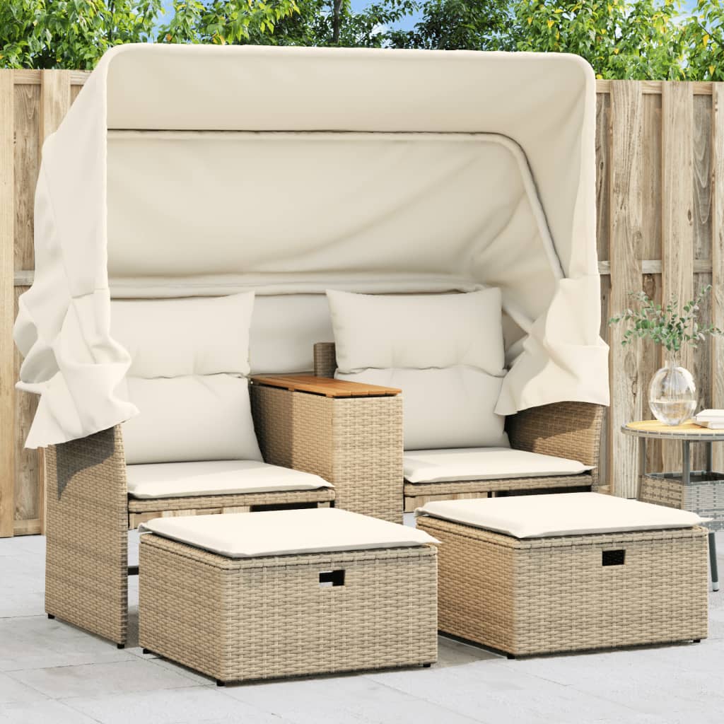 Divano Giardino 2 Posti Baldacchino e Sgabelli Beige Polyrattan | homemem39