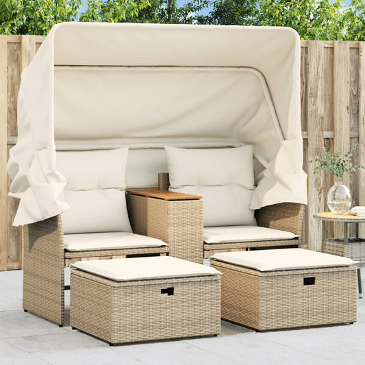 Divano Giardino 2 Posti Baldacchino e Sgabelli Beige Polyrattan | homemem39