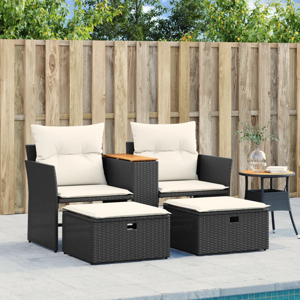 Divano da Giardino 2 Posti con Sgabelli Nero in Polyrattan - homemem39