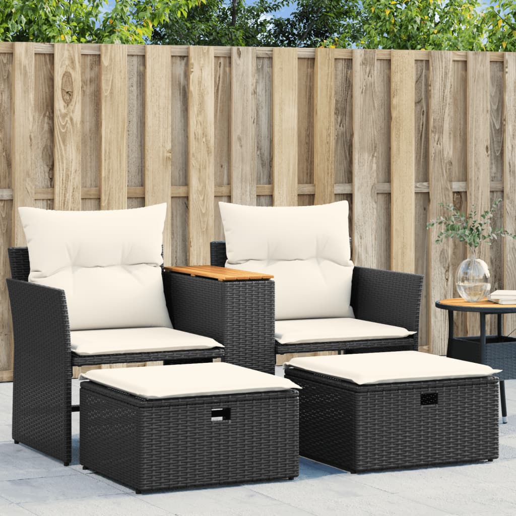 Divano da Giardino 2 Posti con Sgabelli Nero in Polyrattan - homemem39