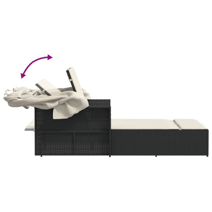 Lettino Prendisole Doppio Baldacchino e Cuscini Nero Polyrattan - homemem39