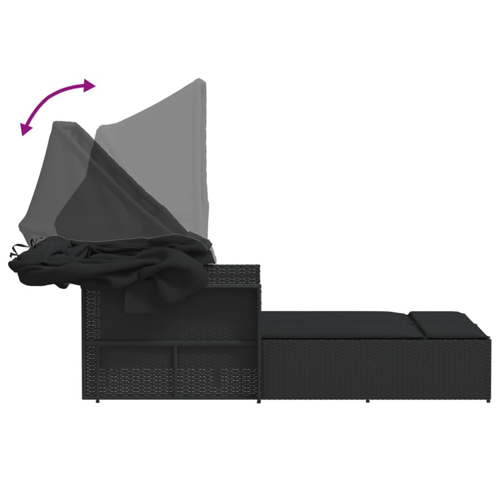 Lettino Prendisole Doppio Baldacchino e Cuscini Nero Polyrattan - homemem39