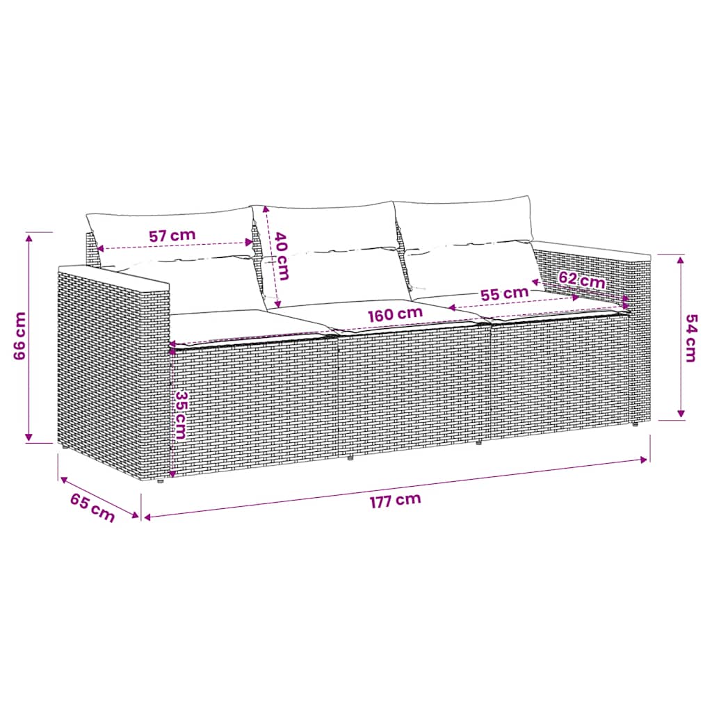 Divano da Giardino con Cuscini 3 Posti Grigio in Polyrattan | homemem39