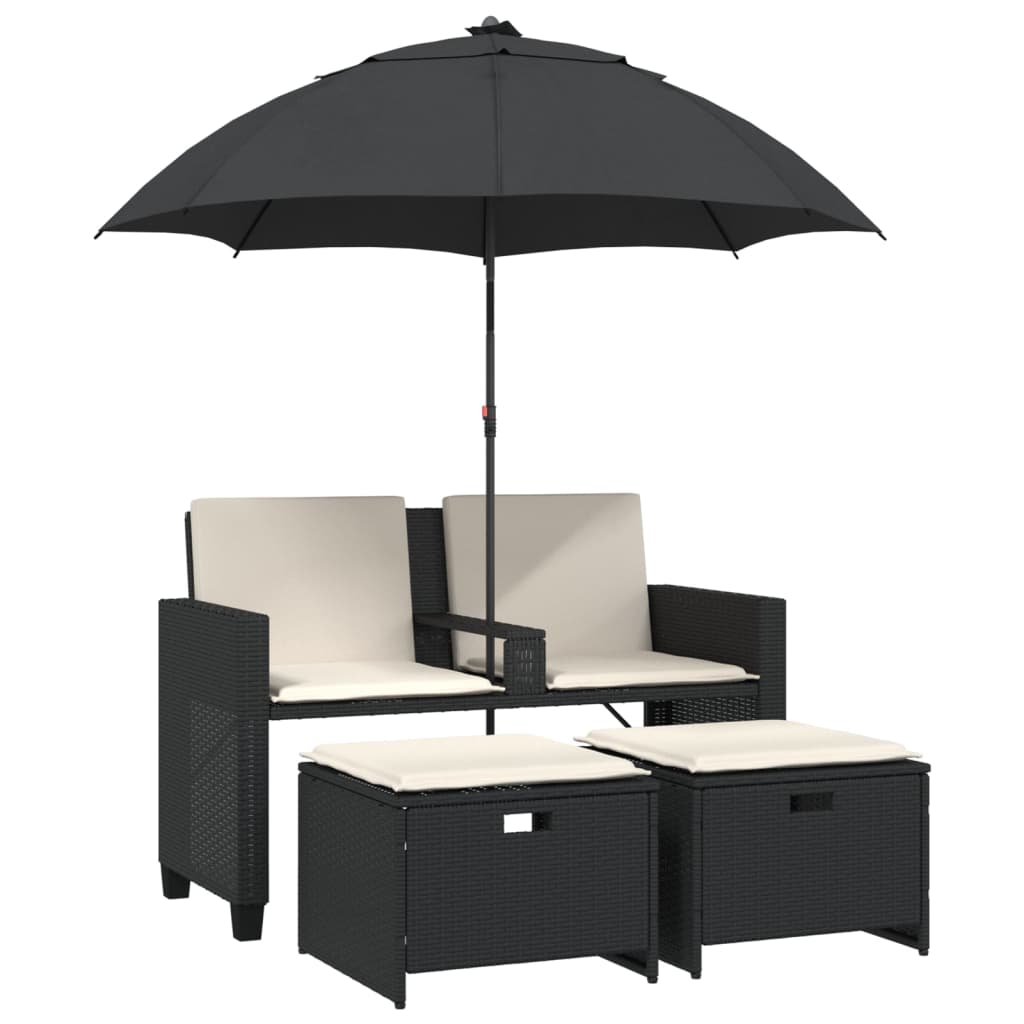 Divano Giardino 2 Posti Ombrellone e Sgabelli Nero Polyrattan | homemem39