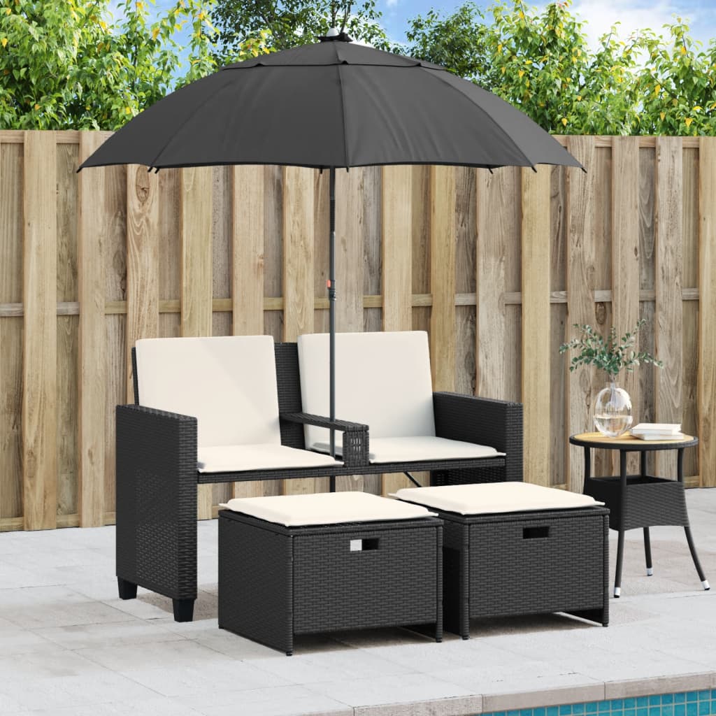Divano Giardino 2 Posti Ombrellone e Sgabelli Nero Polyrattan | homemem39