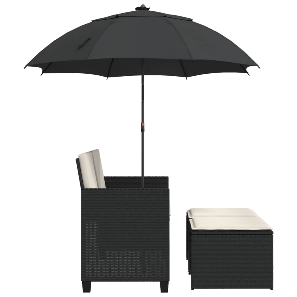 Divano Giardino 2 Posti Ombrellone e Sgabelli Nero Polyrattan | homemem39
