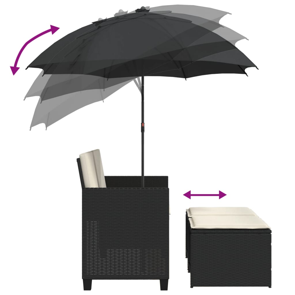 Divano Giardino 2 Posti Ombrellone e Sgabelli Nero Polyrattan | homemem39