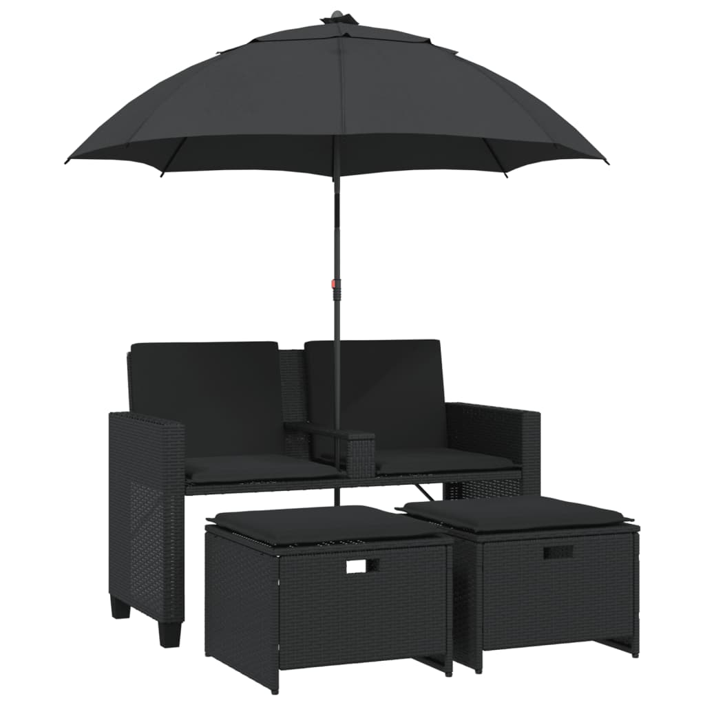 Divano Giardino 2 Posti Ombrellone e Sgabelli Nero Polyrattan | homemem39