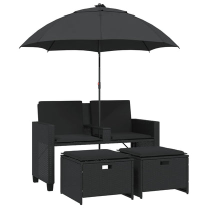 Divano Giardino 2 Posti Ombrellone e Sgabelli Nero Polyrattan | homemem39