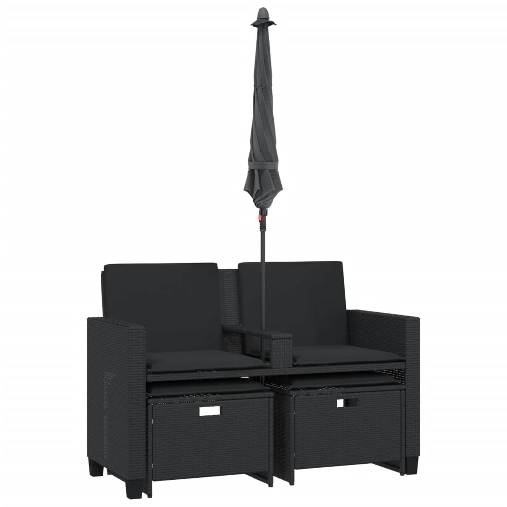 Divano Giardino 2 Posti Ombrellone e Sgabelli Nero Polyrattan | homemem39