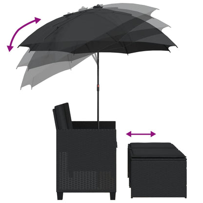 Divano Giardino 2 Posti Ombrellone e Sgabelli Nero Polyrattan | homemem39