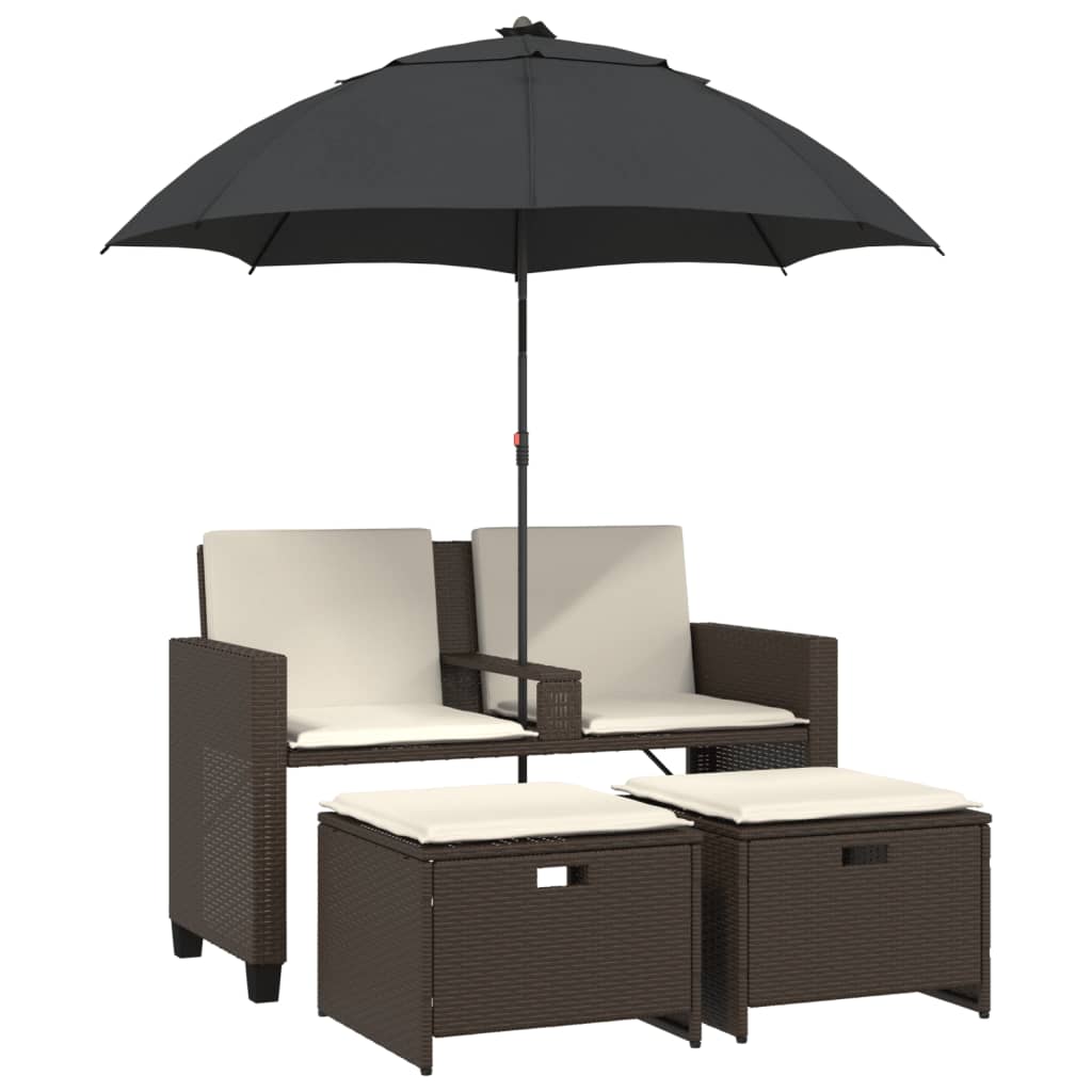 Divano Giardino 2Posti Ombrellone e Sgabelli Marrone Polyrattan | homemem39