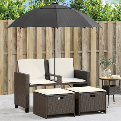 Divano Giardino 2Posti Ombrellone e Sgabelli Marrone Polyrattan | homemem39