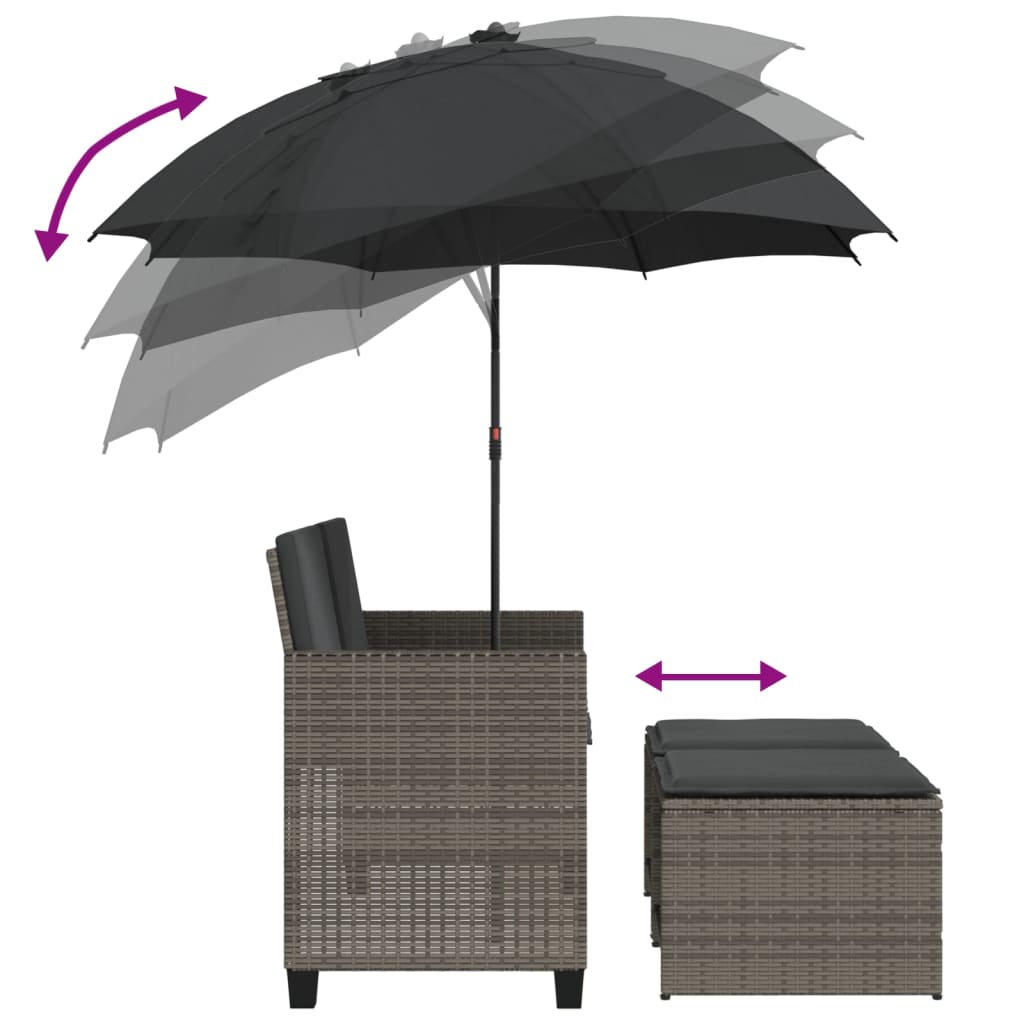 Divano Giardino 2Posti Ombrellone e Sgabelli Grigio Polyrattan | homemem39