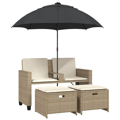 Divano Giardino 2Posti Ombrellone e Sgabelli Beige Polyrattan | homemem39