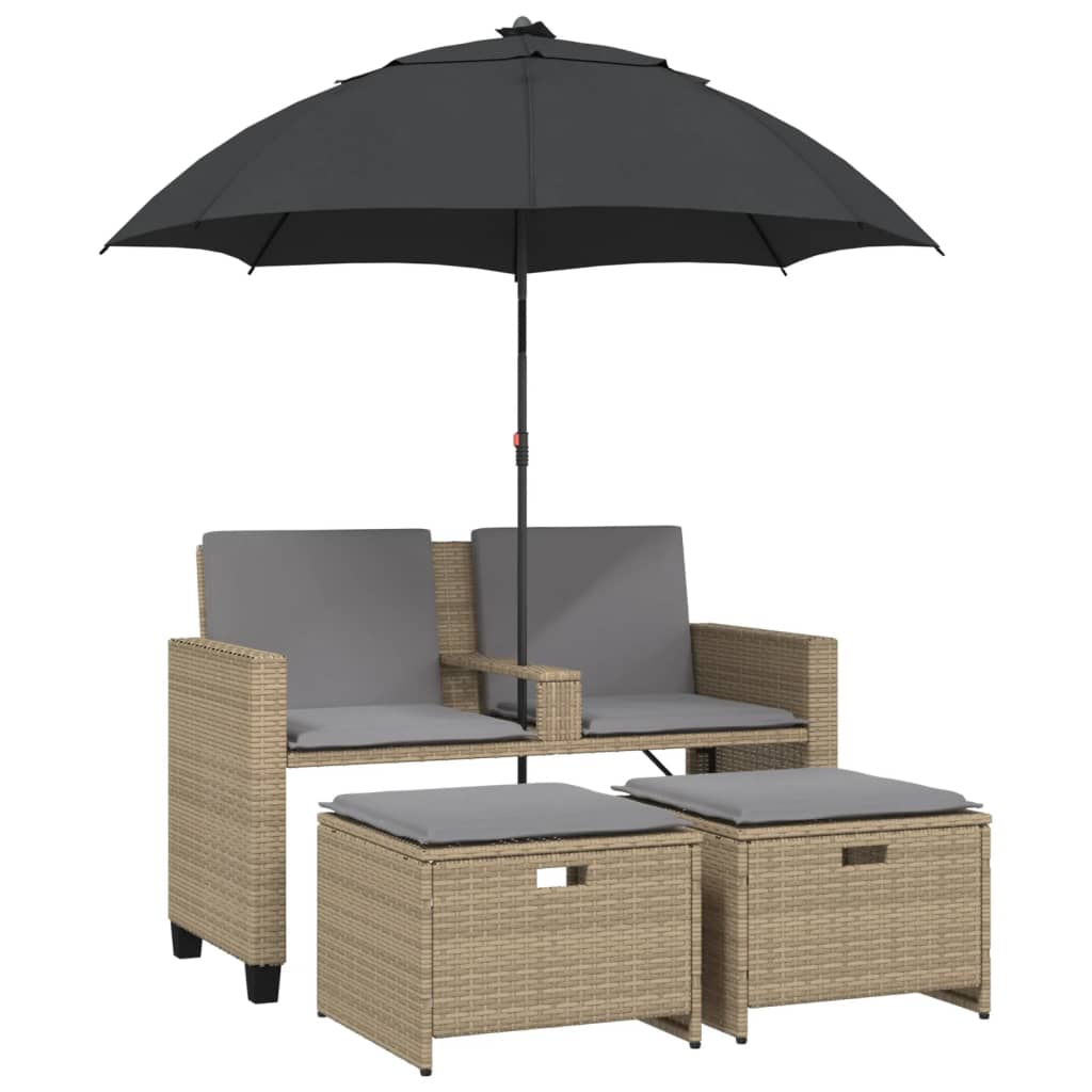 Divano Giardino 2Posti Ombrellone e Sgabelli Beige Polyrattan | homemem39