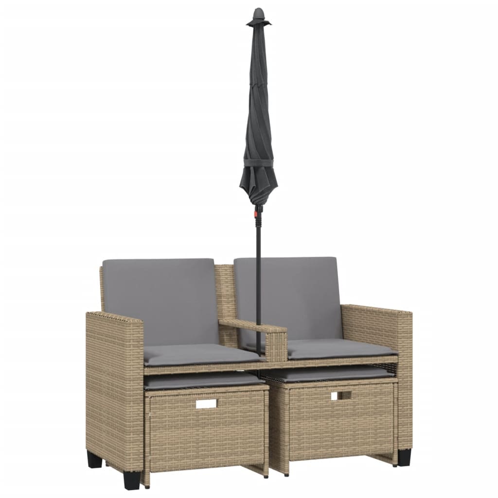 Divano Giardino 2Posti Ombrellone e Sgabelli Beige Polyrattan | homemem39