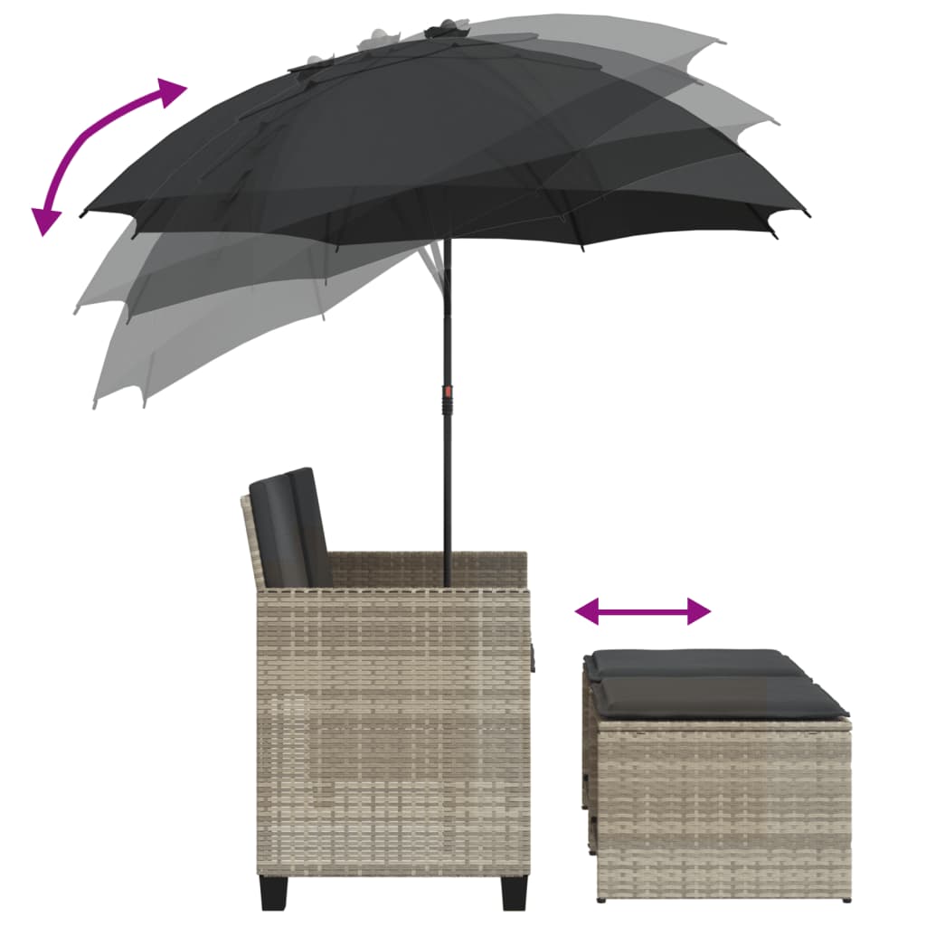 Divano 2Posti Ombrellone e Sgabelli Grigio Chiaro Polyrattan - homemem39