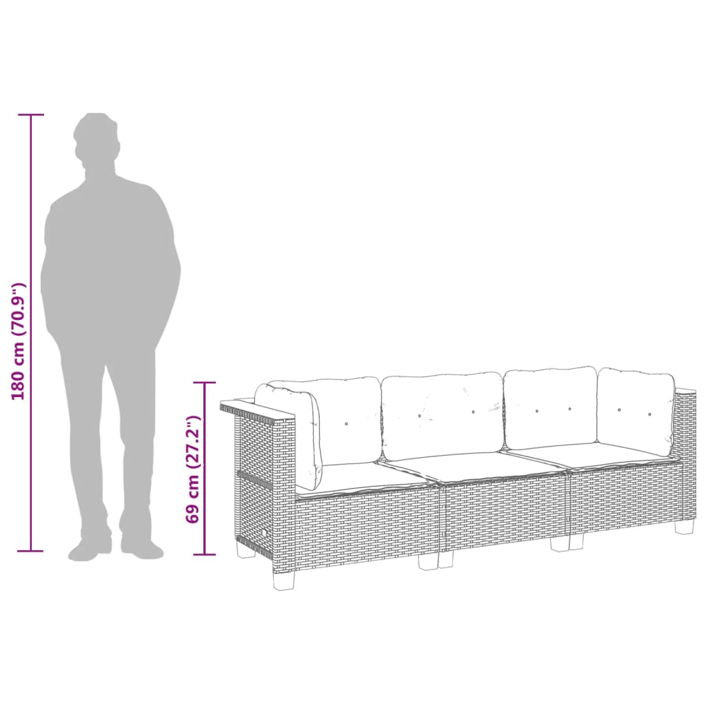 Divano da Giardino a 3 Posti con Cuscini Nero in Polyrattan | homemem39