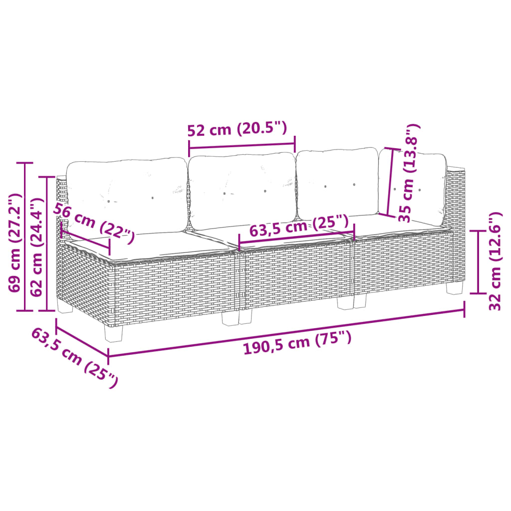 Divano da Giardino con Cuscini 3 Posti Grigio in Polyrattan | homemem39