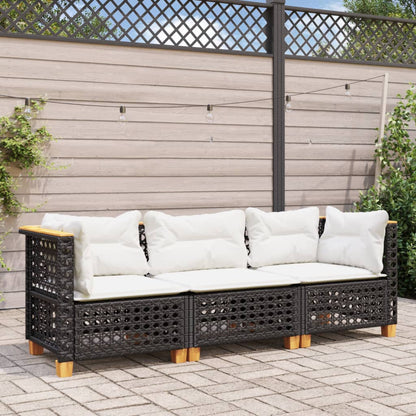 Divano da Giardino a 3 Posti con Cuscini Nero in Polyrattan | homemem39