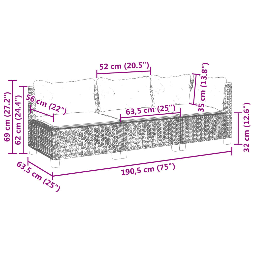 Divano da Giardino a 3 Posti con Cuscini Nero in Polyrattan | homemem39