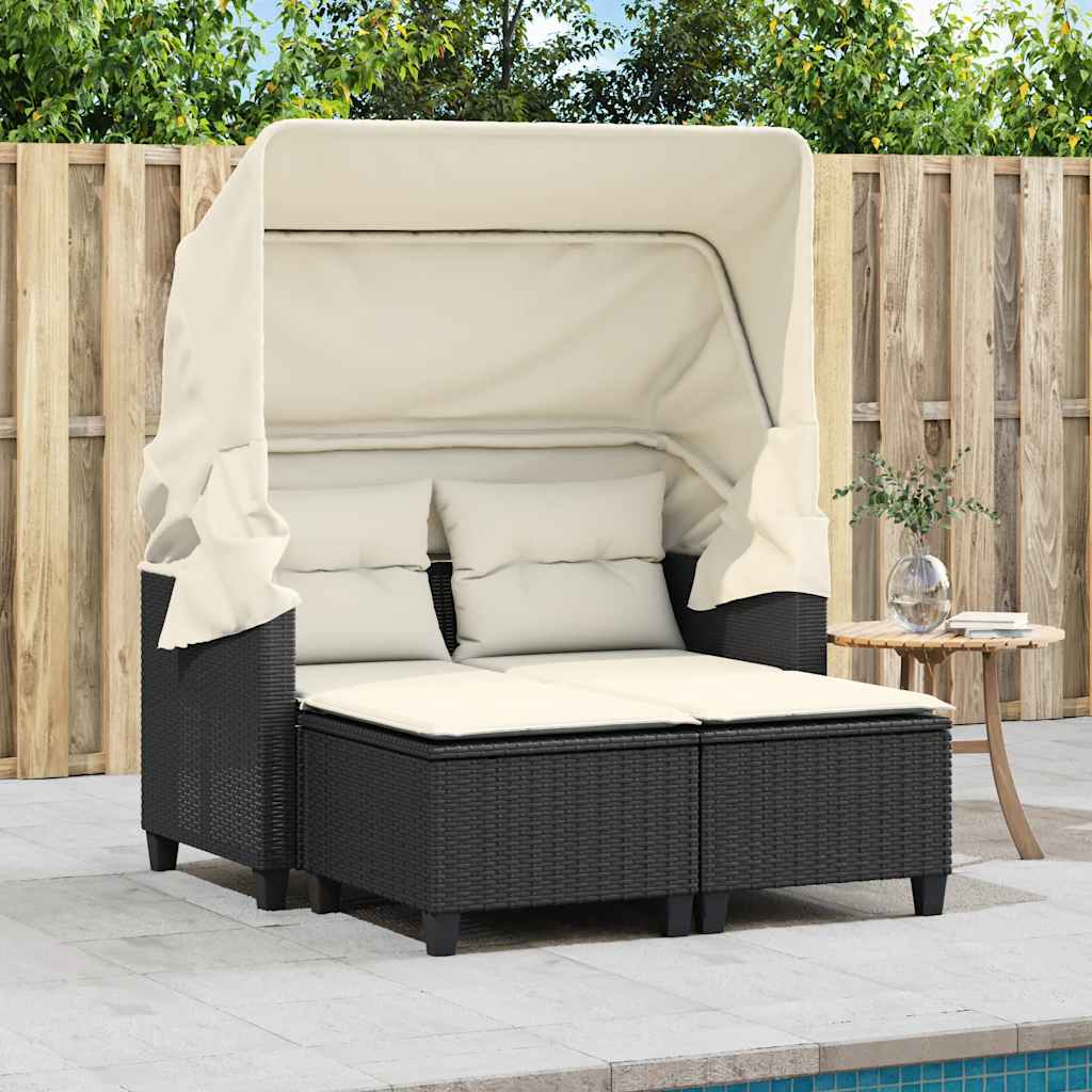 Divano Giardino 2 Posti Baldacchino e Sgabelli Nero Polyrattan | homemem39