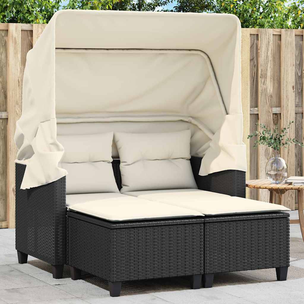 Divano Giardino 2 Posti Baldacchino e Sgabelli Nero Polyrattan | homemem39