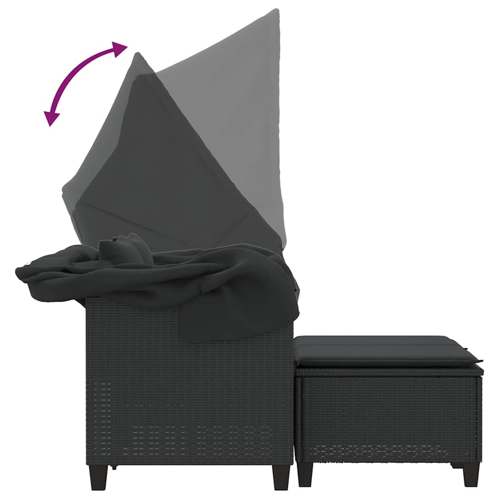 Divano Giardino 2 Posti Baldacchino e Sgabelli Nero Polyrattan | homemem39