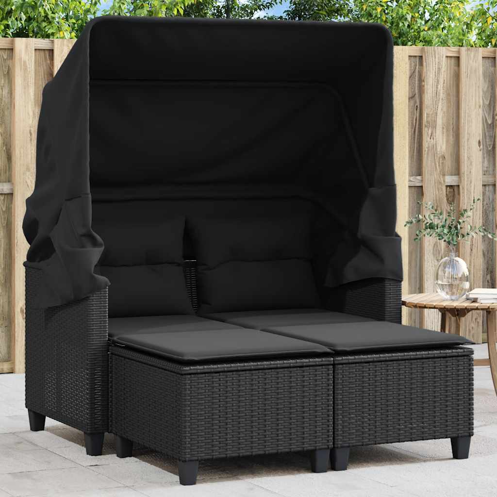 Divano Giardino 2 Posti Baldacchino e Sgabelli Nero Polyrattan | homemem39