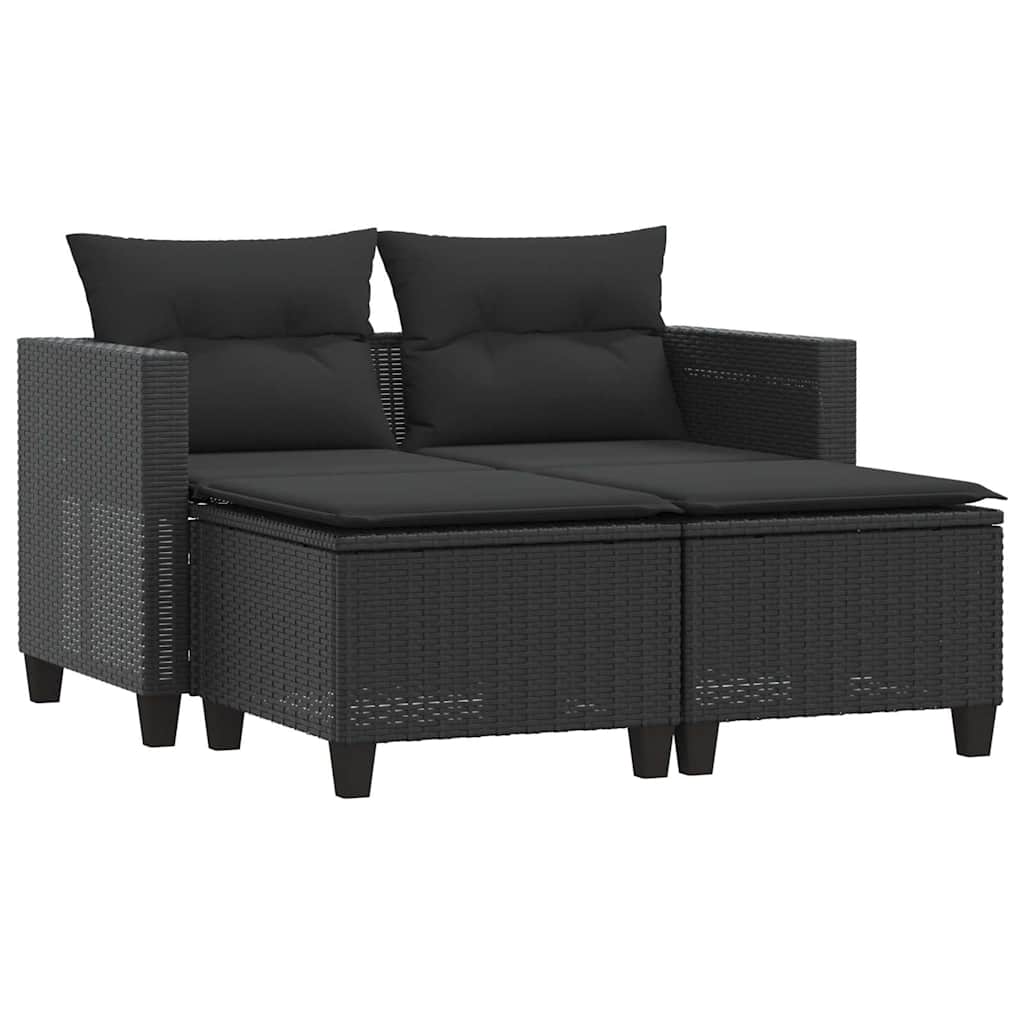 Divano da Giardino 2 Posti con Sgabelli Nero in Polyrattan | homemem39