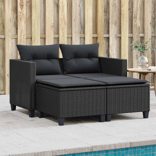 Divano da Giardino 2 Posti con Sgabelli Nero in Polyrattan | homemem39