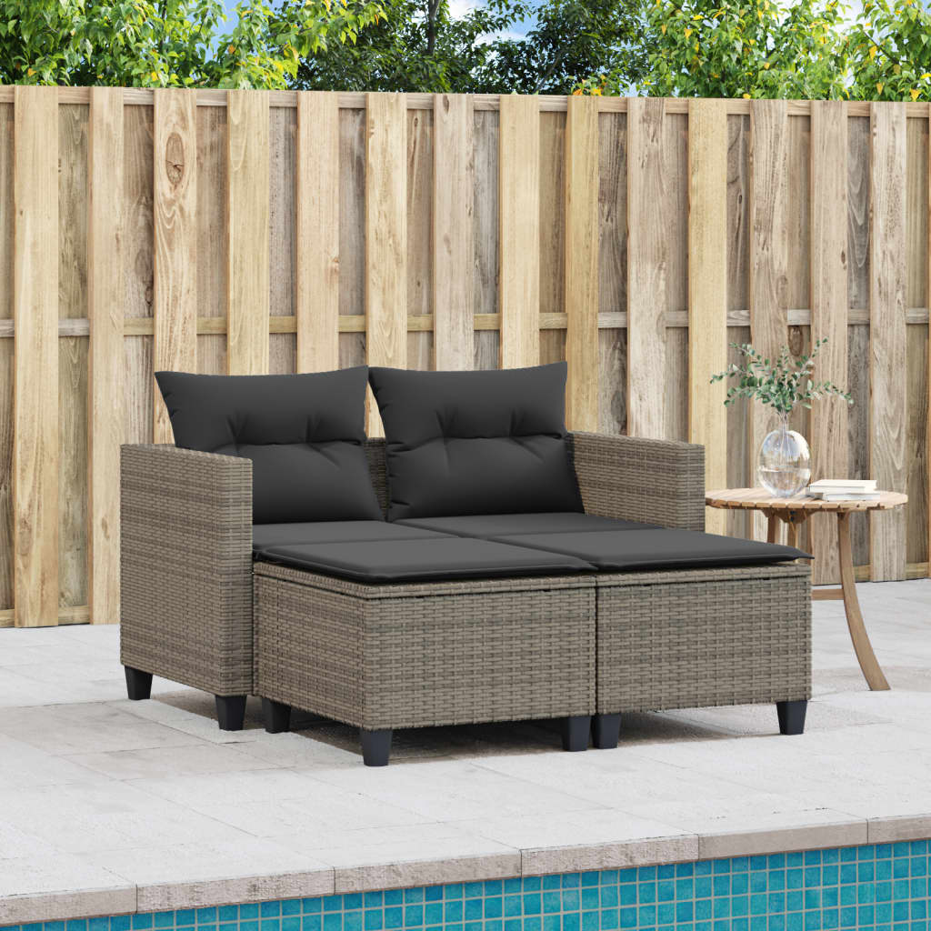 Divano da Giardino 2 Posti con Sgabelli Grigio in Polyrattan | homemem39