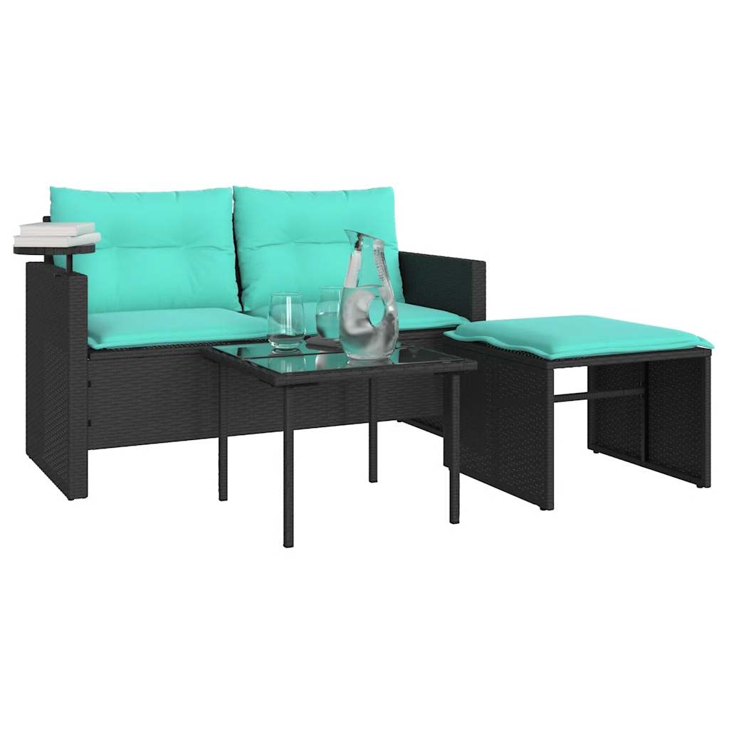 Set Divani da Giardino 3 pz con Cuscini Nero in Polyrattan