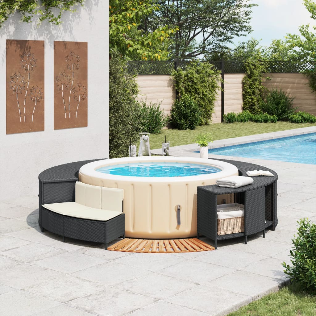 Bordo per Spa Nero in Polyrattan e Legno Massello di Acacia