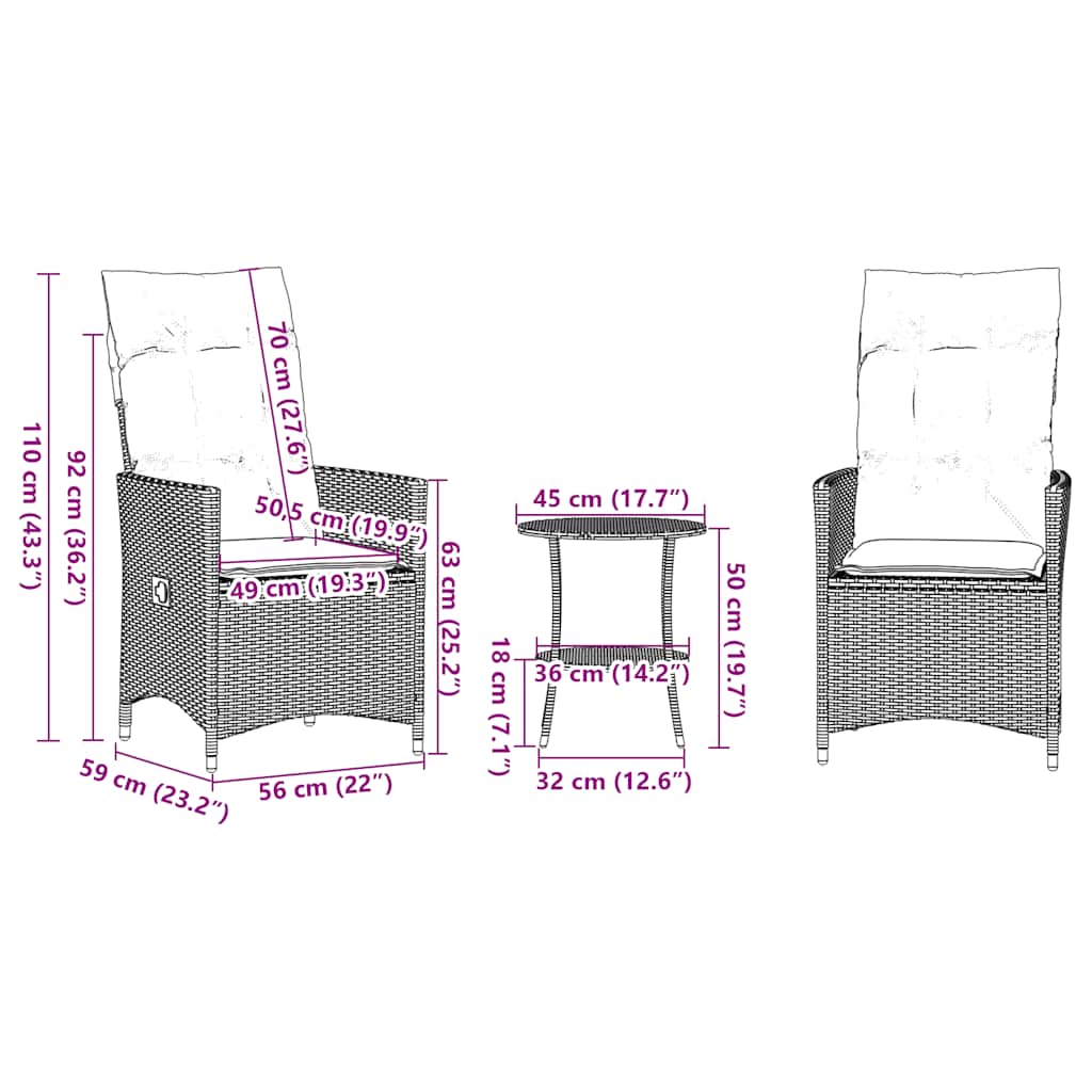 Set da Bistrot 3 pz con Cuscini Grigio in Polyrattan - homemem39