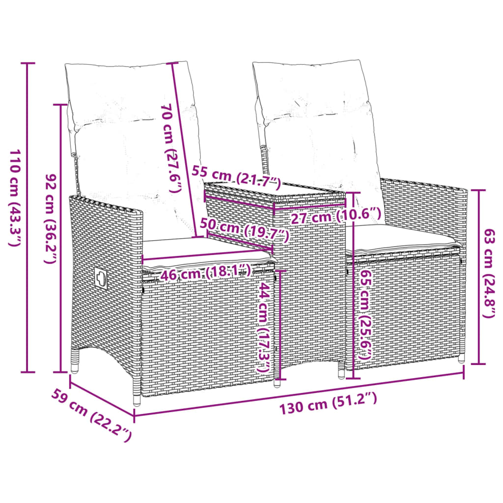 Divano Giardino Reclinabile 2 Posti Tavolino Marrone Polyrattan | homemem39