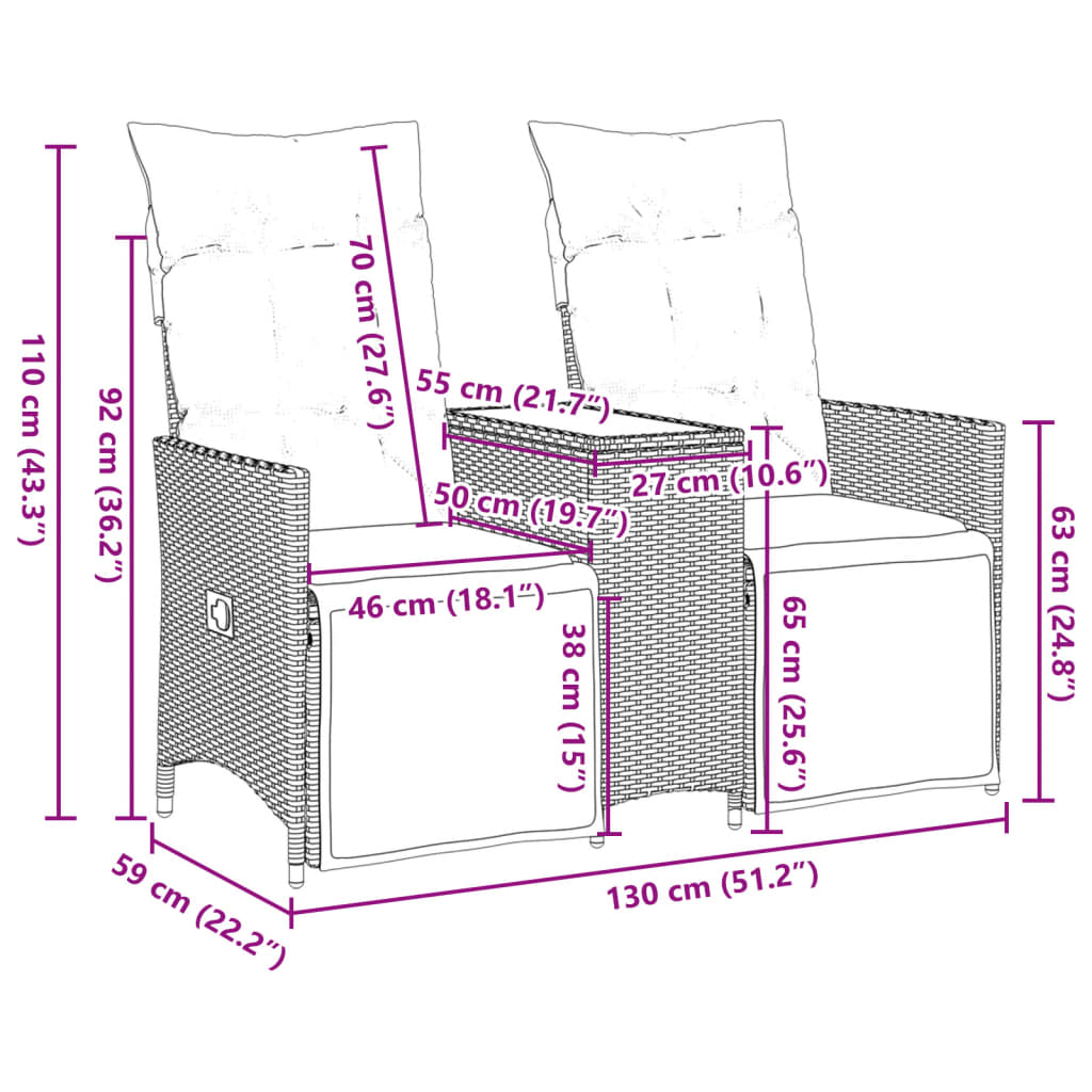 Divano Giardino Reclinabile 2Posti con Tavolino Nero Polyrattan | homemem39