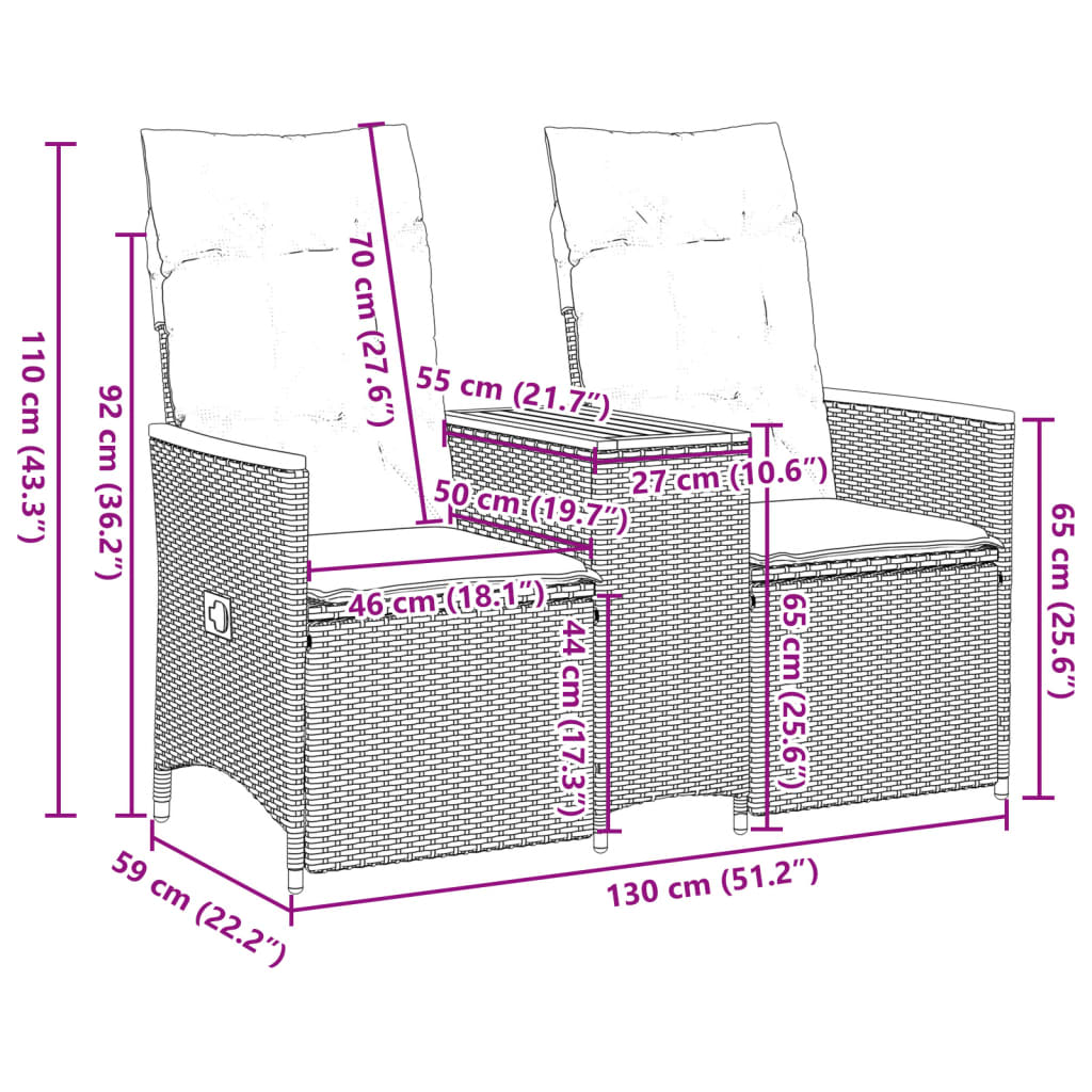 Divano Giardino Reclinabile 2 Posti Tavolino Grigio Polyrattan | homemem39