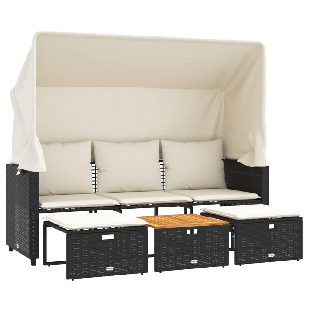 Divano Giardino 3 Posti Baldacchino e Sgabelli Nero Polyrattan | homemem39