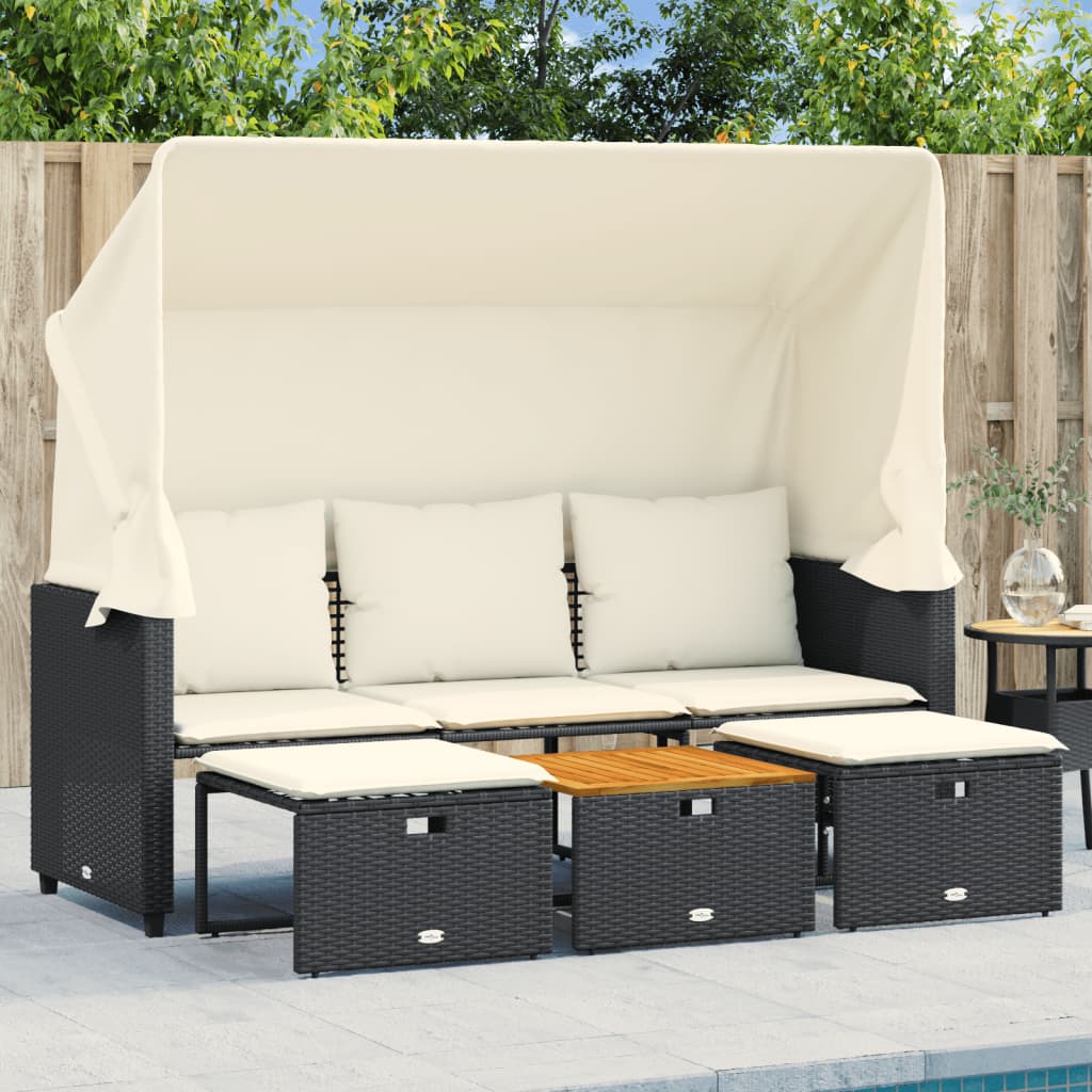 Divano Giardino 3 Posti Baldacchino e Sgabelli Nero Polyrattan | homemem39